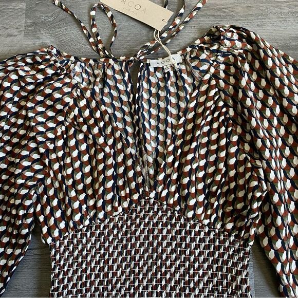 ACOA Puff Sleeve Mini Dress NEW Stretch Earth Tones Geometric - Picture 5 of 11